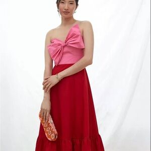 Anthropologie Hutch Bow Strapless A-Line Maxi Dress Event Preppy Pink Red 8